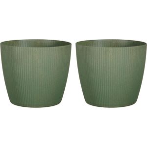 Set van 2x stuks plantenpot/bloempot kunststof donkergroen ribbels patroon - D25/H21,5 cm