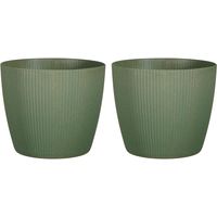 Set van 2x stuks plantenpot/bloempot kunststof donkergroen ribbels patroon - D25/H21,5 cm