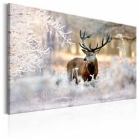 Schilderij - Hert in de Sneeuw , wit bruin - thumbnail