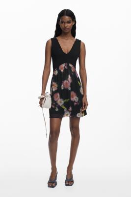 Korte jurk met bloemen in twee materialen - BLACK - XS