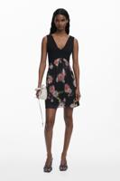 Korte jurk met bloemen in twee materialen - BLACK - S