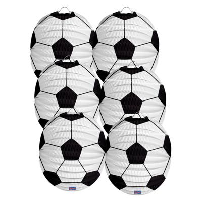 Voetbal thema lampion - 6x - rond - 22 cm - wit/zwart - versiering - sport - papier
