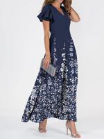 Women's Short Sleeve Summer Floral Dress V Neck Ruffle Sleeve  Elegant Blue Maxi Dress - thumbnail