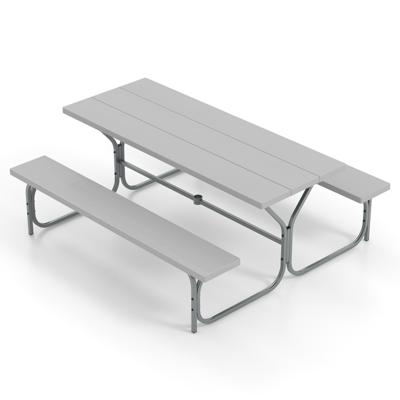 183 cm Picknicktafel en Bank Set Buiten Tafel en 2 Banken voor 8 Personen Weerbestendig Blad Gat voor Parasol voor Terras Tuin Grijs