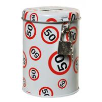 Spaarpot 50 jaar verjaardag - met verkeersborden print - 11 x 8 cm - met slotje Spaarpot 50 jaar verjaardag - met verkeersborden print - 11 x 8 cm - met slotje