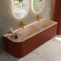 Badmeubel Mondiaz Kurve-Dlux | 145 cm | Meubelkleur Ruby | Wastafelkleur Saba | Solid surface | Dubbel / Rechts spoelbak | 2 kraangaten