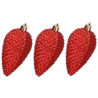 6x stuks kunststof dennenappels kerstballen 8 cm rood glitter - thumbnail