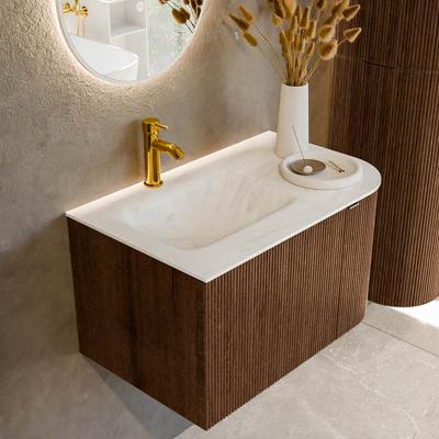 Badmeubel Mondiaz Kurve-Dlux | 75 cm | Meubelkleur Walnut | Wastafelkleur Opalo | Solid surface | Links spoelbak | 1 kraangat