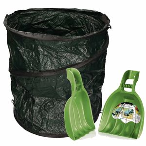 Groene tuinafvalzak opvouwbaar 90 liter met een setje bladharken/tuinafval grijpers