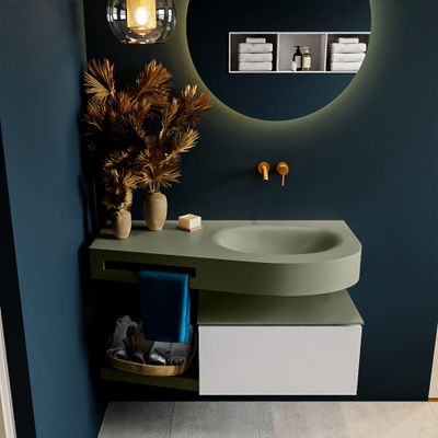 MONDIAZ RIVA 100cm badmeubel onderkast / planchet kleur Linen met 1 lade. Wastafel DULCET rechts 0 kraangaten kleur Army. MONDIAZ RIVA 100cm badmeubel onderkast / planchet kleur Linen met 1 lade. Wastafel DULCET rechts 0 kraangaten kleur Army.