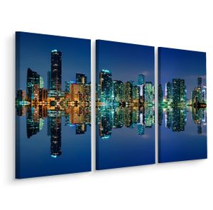 Schilderij - Panorama van Miami bij nacht, 3 luik, premium print van dit prachtige schilderij