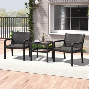 3-delig Rattan Tuinmeubel Set Weerbestendig Balkonmeubel Balkonset Inclusief 2 Stoelen met Tafel Zwart