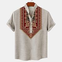 Etnisch Vintage Casual Voor heren linnen overhemd Henley-shirt Korte mouw Dagelijks gebruik Vakantie Zomer Lente Mandarijn Kraag Band Kraag nappi 3D-afdrukken Medium Groen Khaki Grijs 20% linnen Lightinthebox