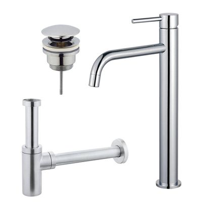 Fortifura Calvi Slim Wastafelkraanset - verhoogde wastafelkraan - klikwaste plug - design sifon - Chroom SW377813/SW696203/SW696209/SW696214