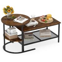 Set van 2 Uitschuifbare Salontafels Uitschuifbare Designtafel van Marmer Verguld Metalen Frame Rechthoekige Salontafel Ronde Bijzettafel voor Bank Woonkamer Slaapkamer-Bruin