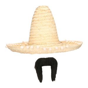 Carnaval verkleed set - Mexicaanse sombrero hoed met plaksnor - naturel - heren