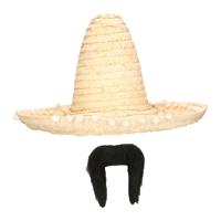 Carnaval verkleed set - Mexicaanse sombrero hoed met plaksnor - naturel - heren - thumbnail