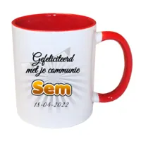 Eerste Communie mok met naam en datum (rood)