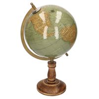 Decoratie wereldbol/globe groen op mangohouten voet 23 x 38 cm