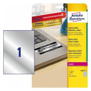 Avery-Zweckform L6013-8 Etiketten voor typeplaatjes 210 x 297 mm Polyester folie Zilver 8 stuk(s) Permanent hechtend Laser (zwart/wit), Kopiëren (zwart/wit),