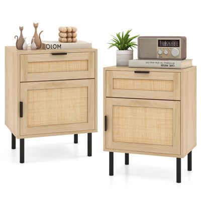 Nachtkastje Rattan 2-delige set Nachtkastje met Lade en Kast 45 x 30 x 59 cm Natuur