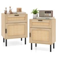 Nachtkastje Rattan 2-delige set Nachtkastje met Lade en Kast 45 x 30 x 59 cm Natuur