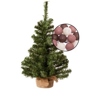 Mini kunst kerstboom groen - met lichtslinger bollen mix rood - H60 cm