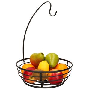 Metalen fruitmand/fruitschaal met bananenhouder zwart rond 28 x 40 cm