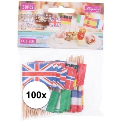 100x Europese landen cocktailprikkers - kleine vlaggetjes prikkers - papier en hout