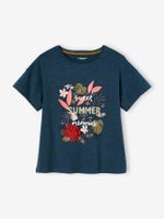 Meisjes-T-shirt met frisou-animatie en iriserende details inktblauw - thumbnail
