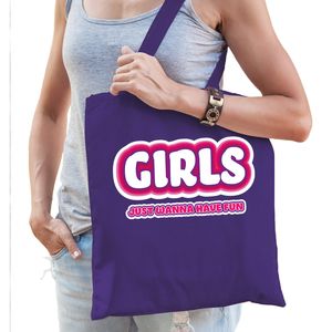 Vrijgezellenfeest tas - katoen - 42 x 38 cm - paars - Girls Just Wanna Have Fun