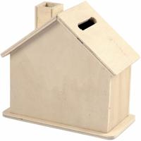 Spaarpot huisje - beschilderbaar - 10 cm - hout - hobby/knutsel spaarpot