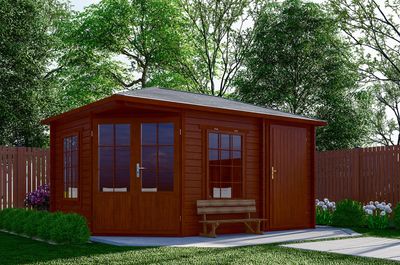 Interflex 4355 Blokhut 300x440 cm 28 mm vuren gecoat- Puntdak- Hout- Interflex