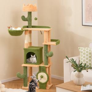 Krabpaal Cactus 160 cm Kattenboom met Kattenmand Platforms Sisalpalen Mand Krabplank en Speelgoed Kattenkrabpaal Groen + Oranje