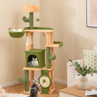 Krabpaal Cactus 160 cm Kattenboom met Kattenmand Platforms Sisalpalen Mand Krabplank en Speelgoed Kattenkrabpaal Groen + Oranje