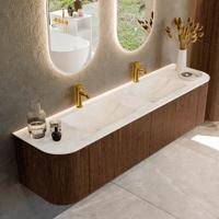 Badmeubel Mondiaz Kurve-Dlux | 180 cm | Meubelkleur Walnut | Wastafelkleur Ostra | Solid surface | Dubbele spoelbak | 2 kraangaten