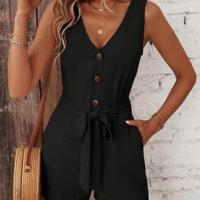 Bon&Bon Black V-Neck Tank Romper - Belted Sleeveless Casual Jumpsuit Black / S