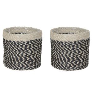 2x stuks naturel zwart rotan planten pot mand van gedraaid jute/riet H14 en D14 cm - Plantenpotten