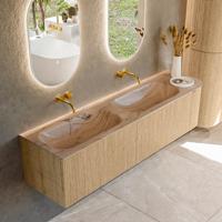 Badmeubel Mondiaz Kurve-Dlux | 175 cm | Meubelkleur Oak | Wastafelkleur Arena | Solid surface | Dubbel / Links spoelbak | Zonder kraangat(en)