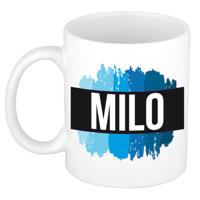 Milo naam cadeau koffie mok - beker - met blauw verfstrepen - Cadeau collega - vaderdag