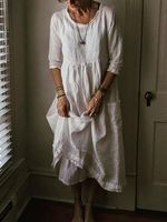 Plus Size Midi Weaving Dress Women Solid 3/4 Sleeve Crew Neck Weaving Dress - thumbnail