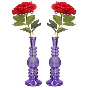 Bloemenvaas Florence - 2x - voor kleine stelen/boeketten - paars glas - ribbel - D8,5 x H23 cm