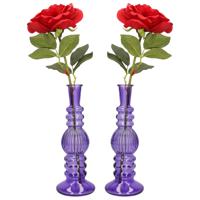 Bloemenvaas Florence - 2x - voor kleine stelen/boeketten - paars glas - ribbel - D8,5 x H23 cm