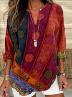 Ethnic Geometry Notched Loose Casual Shirt