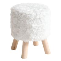 Bijzet krukje / zit krukje Teddy - houten pootjes - fluffy stof - wit - D30 x H39 cm - poefje