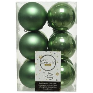 12x Kunststof kerstballen glanzend/mat salie groen 6 cm kerstboom versiering/decoratie   -