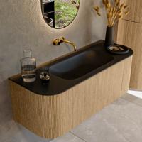 Mondiaz KURVE 120 cm Onderkast Greeploos 1 Lade Met Deuren Oak, Wastafel Solid Surface Midden Urban 0 Kraangaten Zonder Spiegel (KRVBGS120L+R1L2D0KM-Oak/Urb)