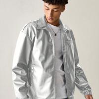 Manfinity Men's PU Leather Casual Jacket - Urban Black Drop Shoulder Silver / L