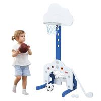 3-In-1 Kinderspeelplaats In Hoogte Verstelbare Basketbalkorf & Voetbaldoel en Golf Basketbalstandaard Incl. Ballen en Golfclub (Blauw/Groen/Wit)