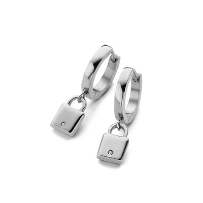 CO88 8CE-70396 Stalen Oorringen - Dames - Hanger - Hangslotje - Kristal - 16 mm Doorsnee - Zilverkleurig